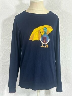 Women’s JOULES blue yellow duck with umbrella cotton blend crew neck sweater